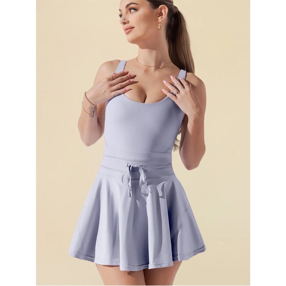 NWT POPFLEX Athletic Skater Dress Purple Blue Womens Small Built In Shorts Bra